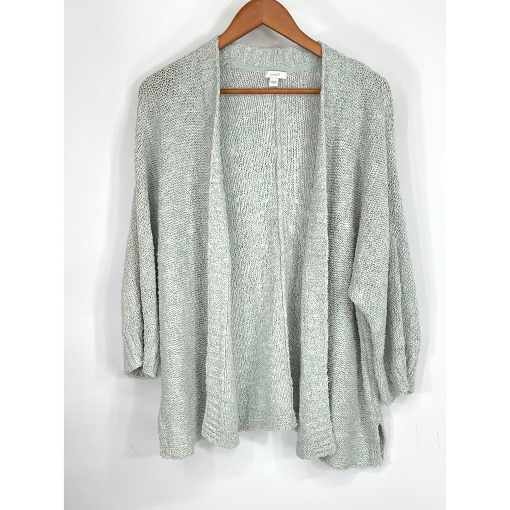 Pure Jill Women Cardigan M Sweater Green Slub Knit Open Front Boho Drop Shoulder